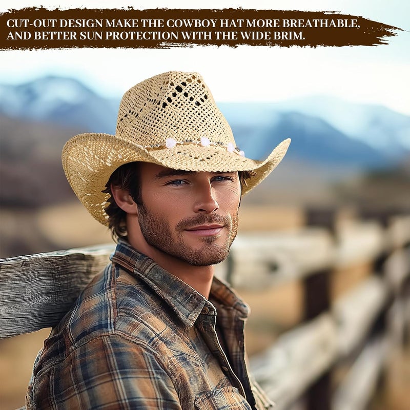 Willheoy Straw Cowboy Hat for Men Womens Straw Cowgirl Hat Summer Western Cowboy Hats with Wide Brim for Cowgirls and Cowboys - Image 2